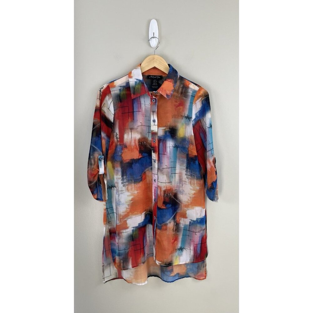 Michael Tyler‎ Women's Blouse Tunic Sz Small Colorful Art To Wear Button Front